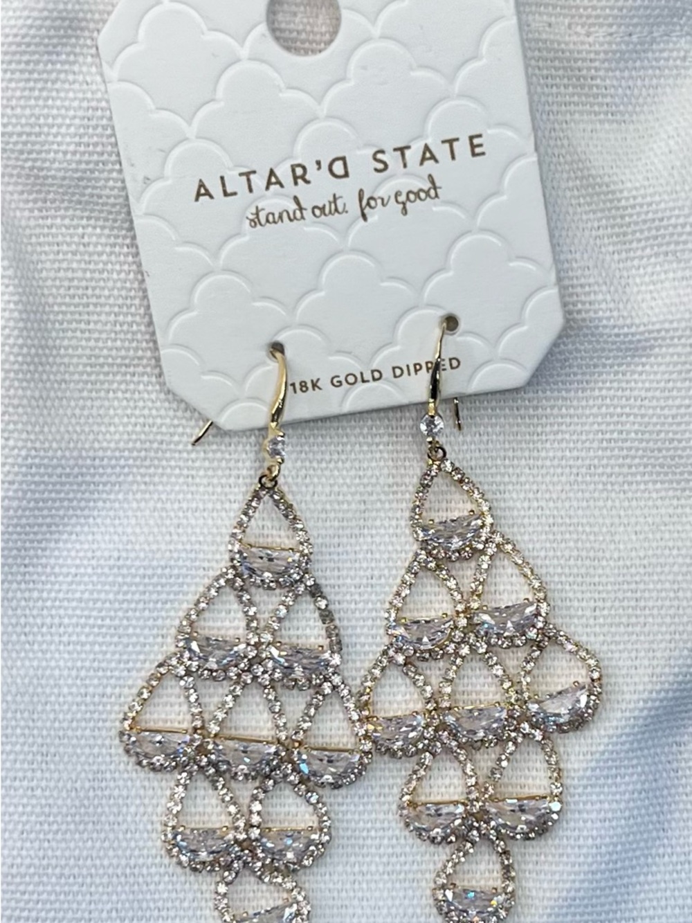Altar'd State Gold Dipped Clear Crystal Chandelier Formal Earrings wedding prom